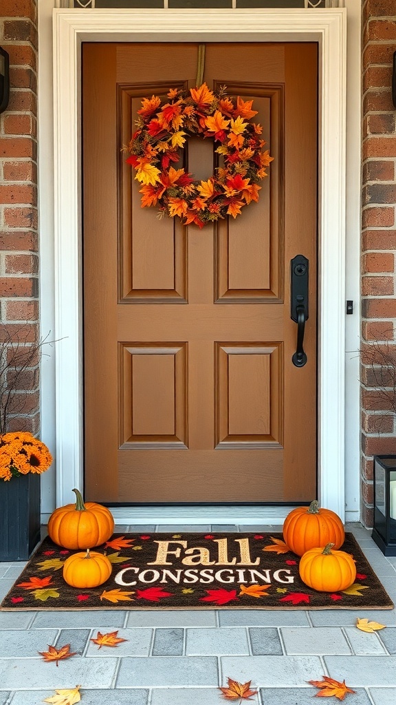 A fall-themed door mat with the word 'Fall' surrounded by colorful leaves, placed at a front door with pumpkins and a leaf wreath.