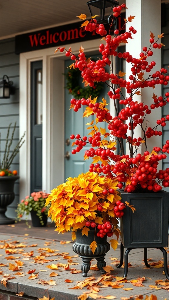 A front porch decorated with vibrant yellow leaves and red berries in planters, with scattered leaves on the ground.