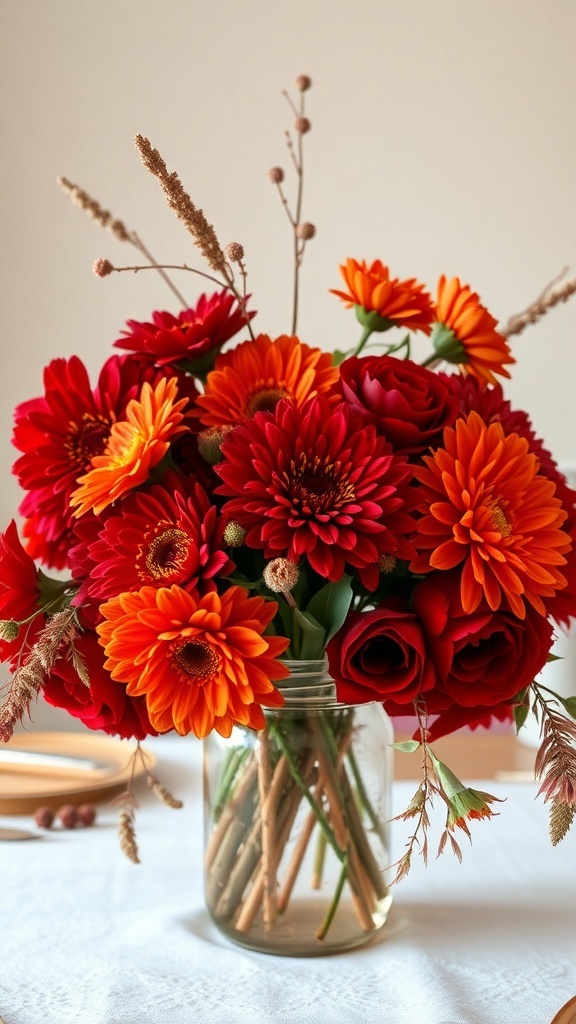 A vibrant floral arrangement featuring red and orange flowers in a glass jar.