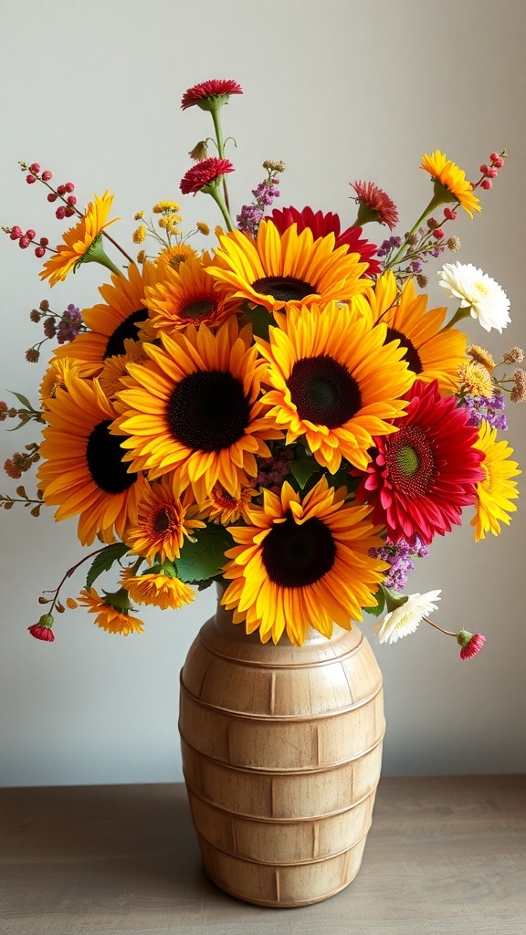 A vibrant floral arrangement featuring sunflowers, red blooms, and greenery in a wooden vase.
