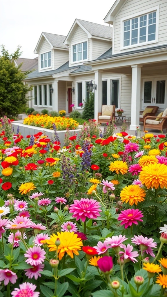 Colorful flower beds in a modern farmhouse backyard