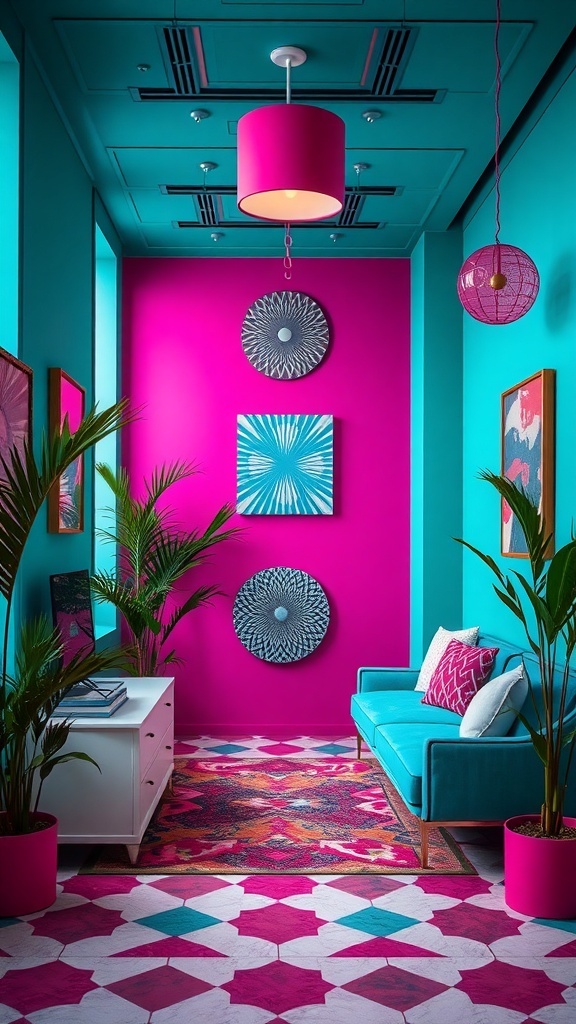 A vibrant room featuring fuchsia and teal colors with plants and decorative elements.