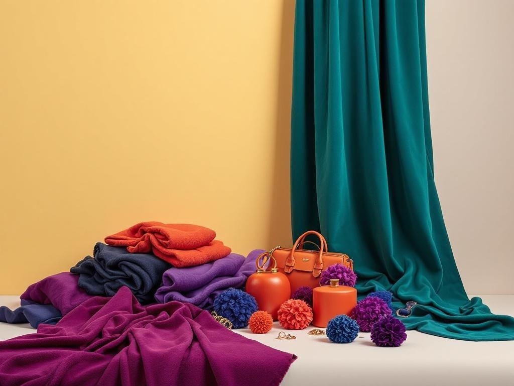 A vibrant display of jewel-toned fabrics and accessories against a yellow wall.