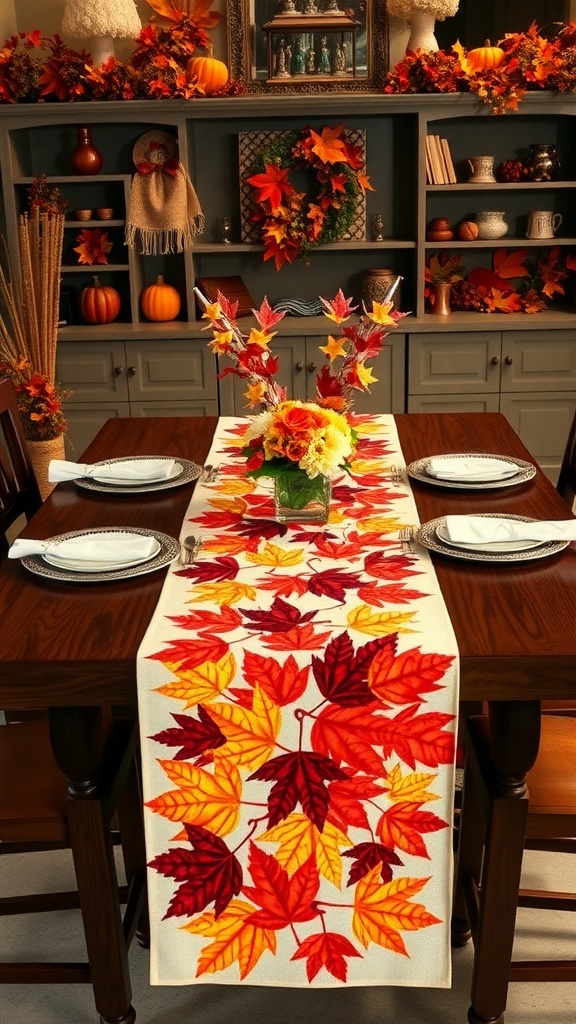 A table set for fall with a maple leaf patterned table runner, surrounded by pumpkins and autumn decorations.
