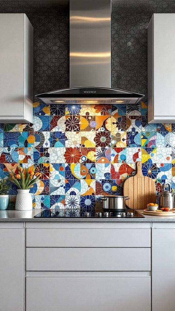 A kitchen with a vibrant mosaic splashback featuring colorful tiles in various shapes and patterns.