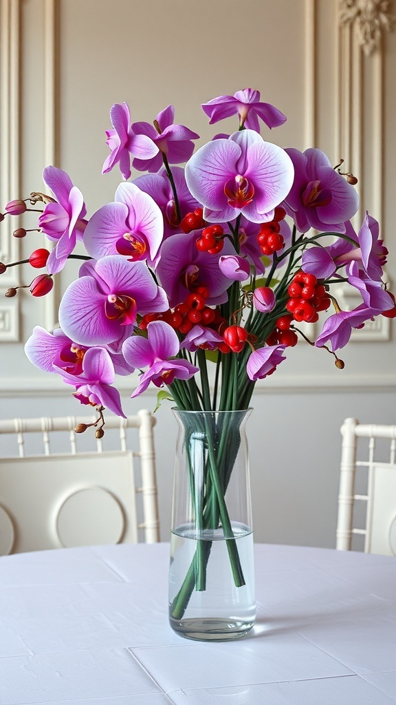 A vibrant flower arrangement with pink orchids and red berries in a clear vase.