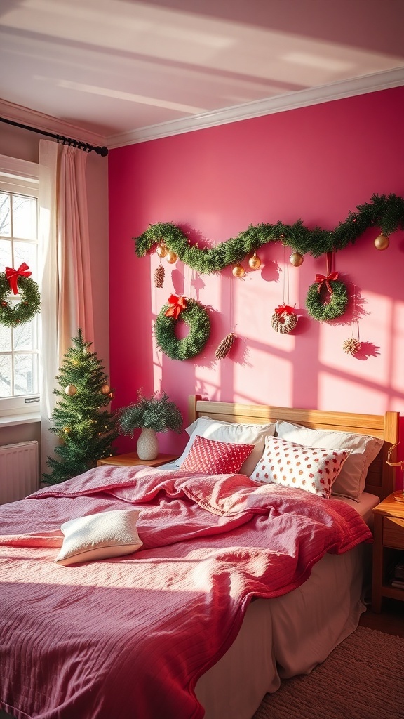 A cozy bedroom with a vibrant pink accent wall, decorated for Christmas.