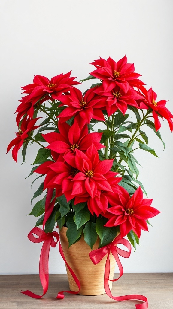 A vibrant display of red poinsettias in a decorative pot with ribbons.