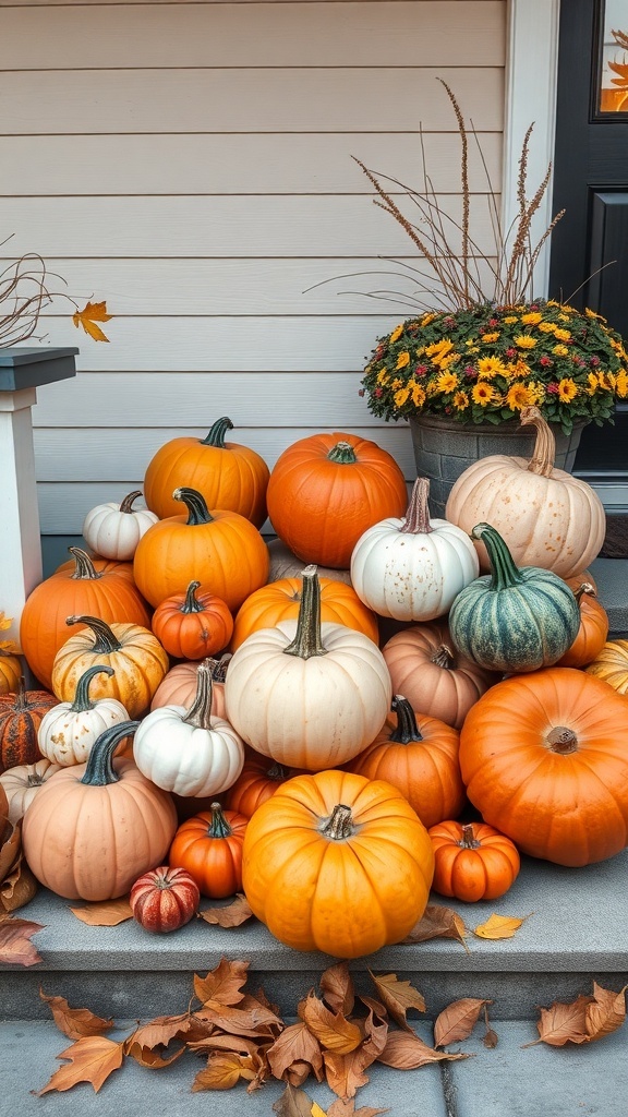 A vibrant display of various pumpkins on a porch, surrounded by autumn leaves and flowers.