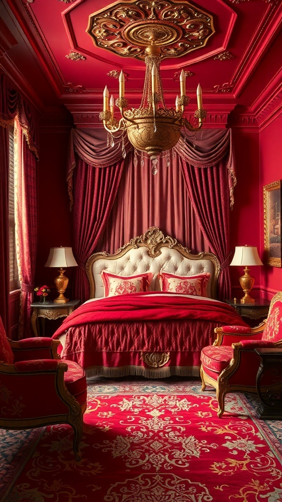 A luxurious bedroom featuring vibrant red walls, gold accents, and elegant furnishings.