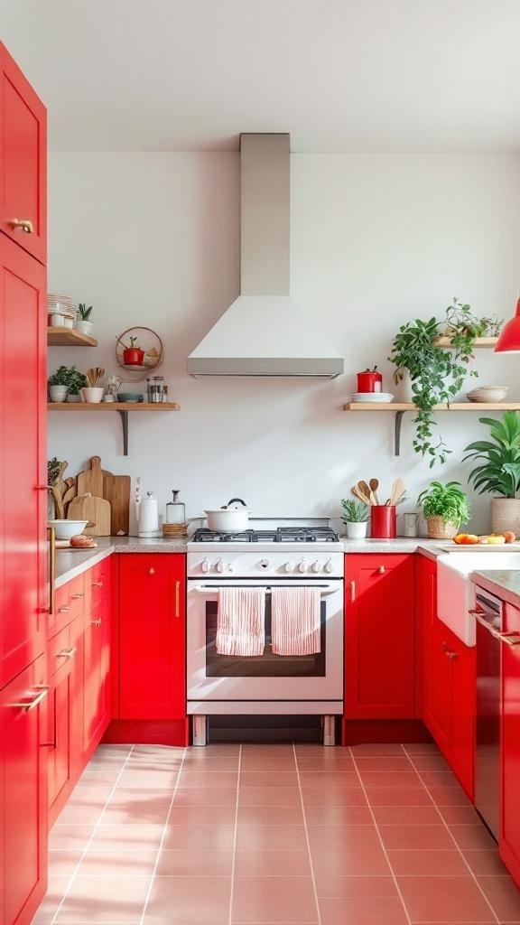 A kitchen with vibrant red cabinets and white accents, featuring open shelves with plants and decorative items.