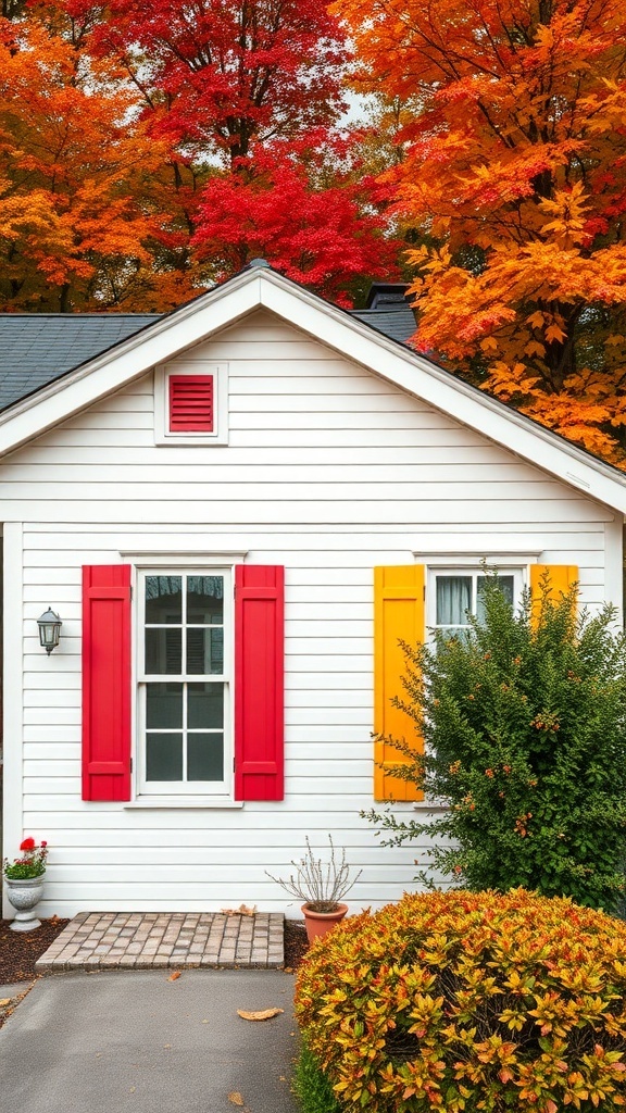 A house with red and yellow shutters surrounded by colorful fall trees