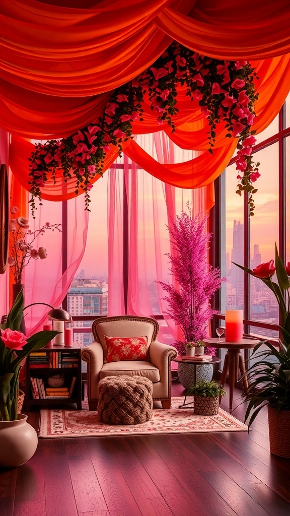 Cozy living space decorated with warm sunset colors and floral accents.