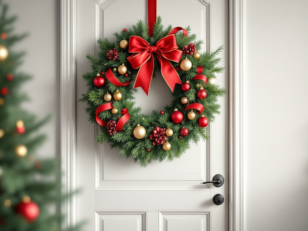 A vibrant Christmas wreath with red and gold ornaments and a large bow on a white door.
