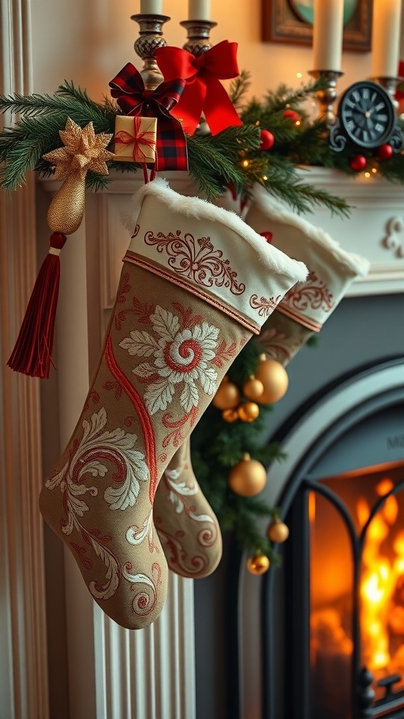 Victorian-inspired Christmas stockings hanging by the fireplace