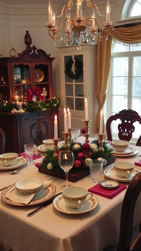 A beautifully set Victorian-inspired dining table with fine china, crystal glassware, and a festive centerpiece.