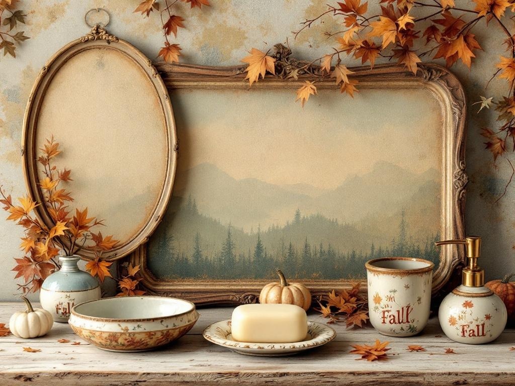 A vintage-inspired fall bathroom decor scene featuring an oval frame, autumn leaves, and decorative items like bowls and a soap dispenser.