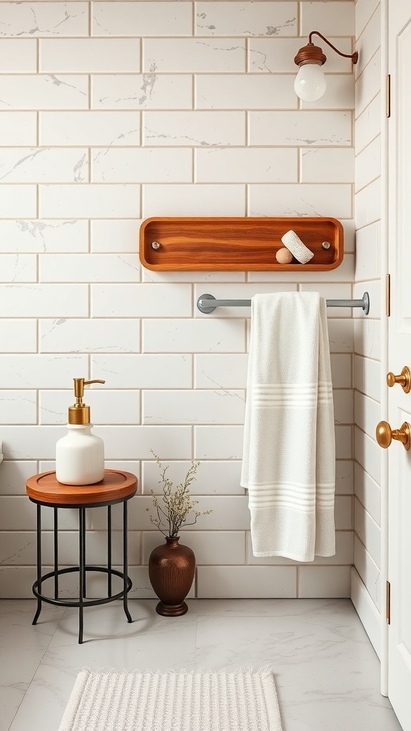 A rustic modern bathroom featuring vintage-inspired accessories like a wooden shelf, a soap dispenser, and a decorative vase.