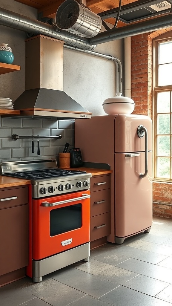 A vintage-inspired kitchen featuring a retro fridge and colorful cabinets.