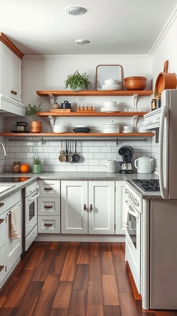 A modern farmhouse kitchen featuring vintage-inspired appliances, white cabinetry, and wooden shelves.