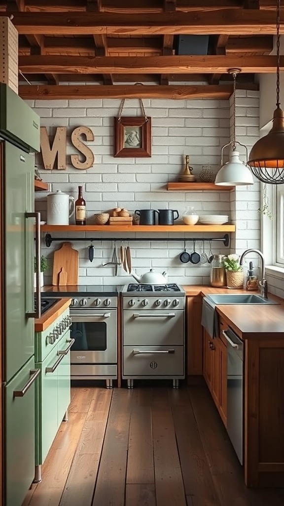 A rustic modern kitchen featuring vintage-inspired appliances, wooden shelves, and a cozy atmosphere.