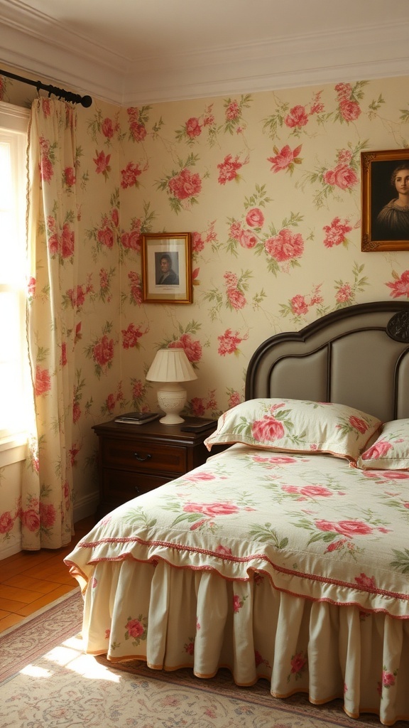 A vintage-inspired bedroom with floral wallpaper and bedding.