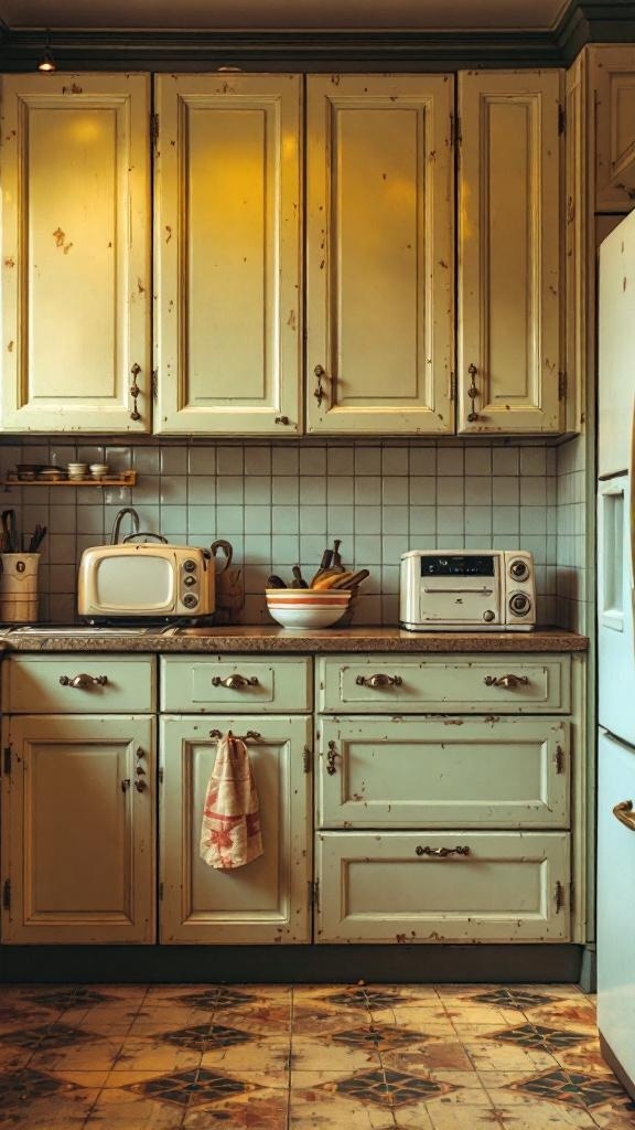Vintage-inspired kitchen cabinetry with light green cabinets and retro appliances.