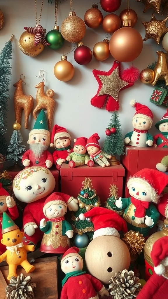 A collection of vintage Christmas decorations including dolls, ornaments, and festive colors.