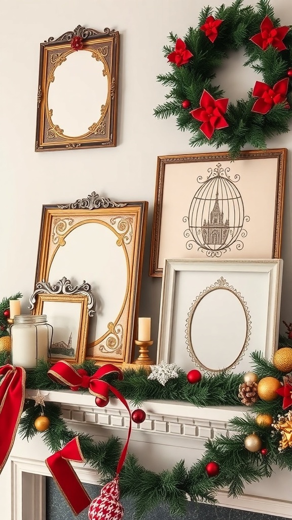 A collection of vintage-inspired Christmas picture frames displayed on a mantel with festive decorations.
