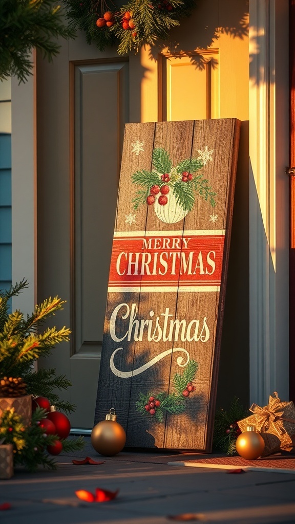 A vintage-inspired Christmas sign leaning against a front door, decorated with greenery and a festive bow.
