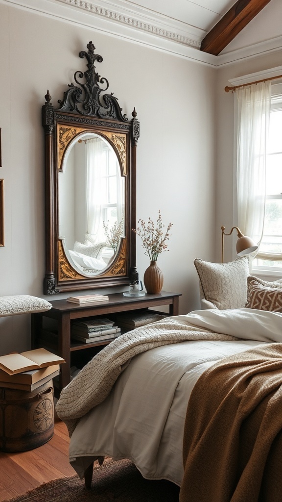 A rustic modern bedroom featuring a vintage mirror, soft bedding, and warm wooden accents.