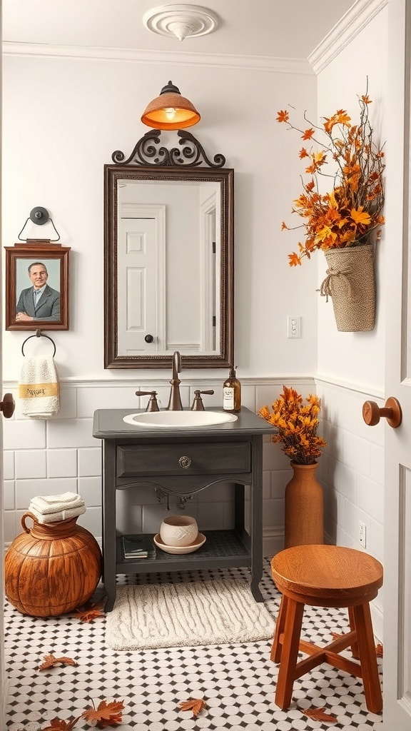 A vintage-inspired bathroom decorated for fall, featuring a dark wood mirror, autumn leaves, and cozy elements.