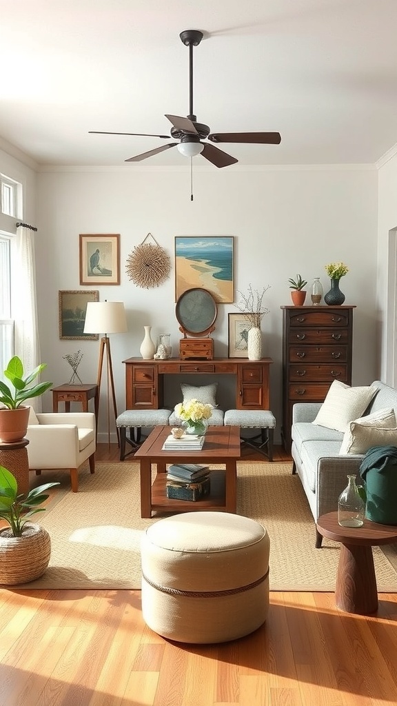 A cozy living room with vintage-inspired decor, featuring wooden furniture, plants, and soft textiles.