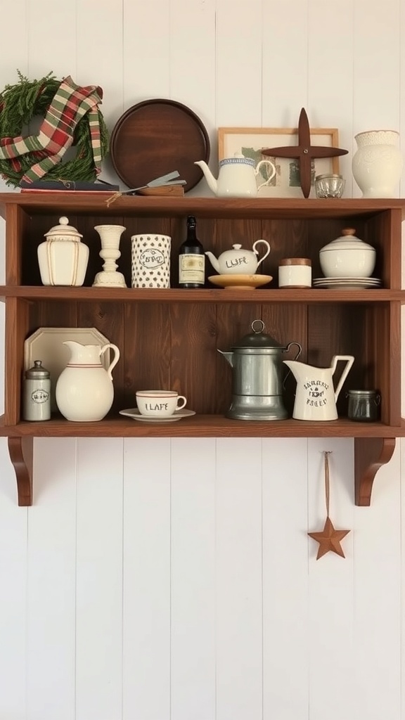 A wooden shelf displaying vintage kitchenware and decor items.
