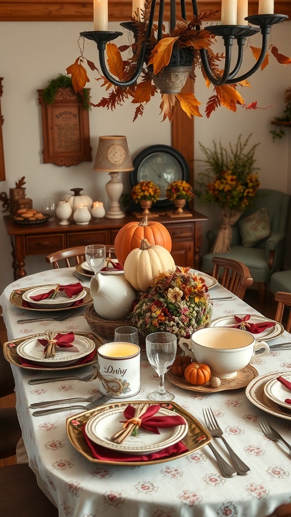 A vintage-inspired Thanksgiving table setting with floral tablecloth, elegant china, and seasonal decorations.