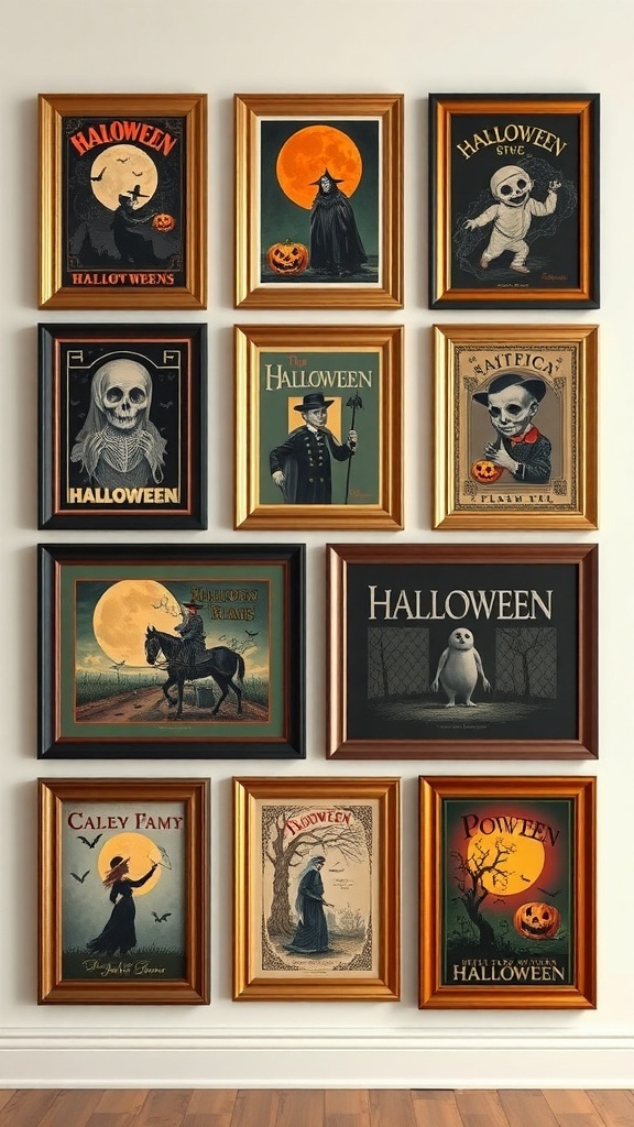 A collection of vintage-inspired Halloween prints in various frames, featuring witches, skeletons, and pumpkins.