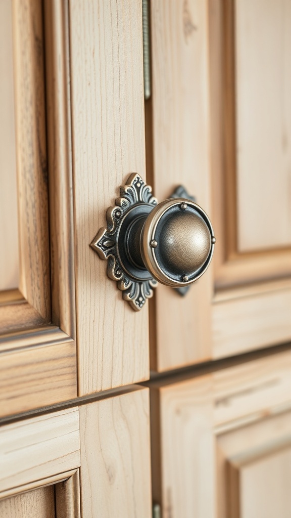 Close-up of a vintage-inspired cabinet knob on wooden kitchen cabinets.