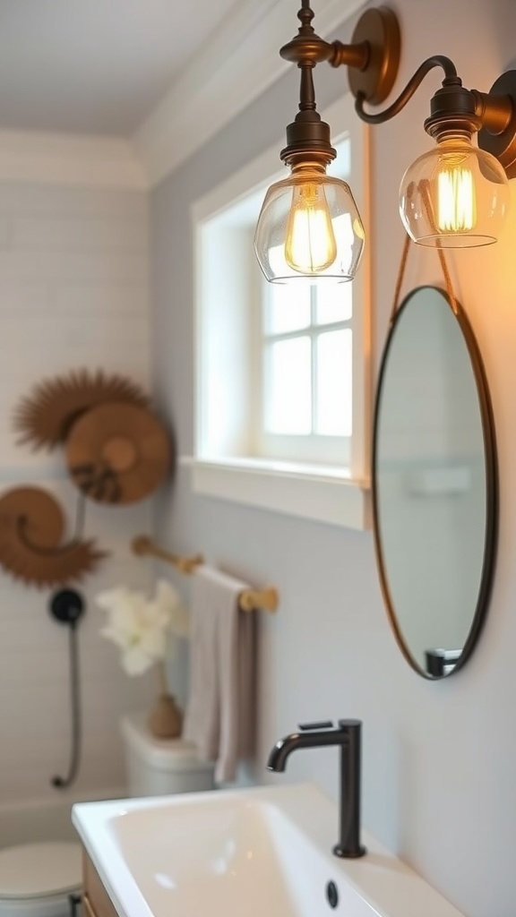 A modern farmhouse bathroom featuring vintage-inspired lighting with Edison bulbs.