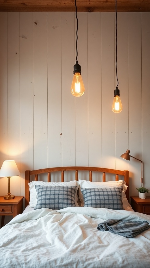 A cozy modern farmhouse bedroom with vintage-inspired lighting fixtures.