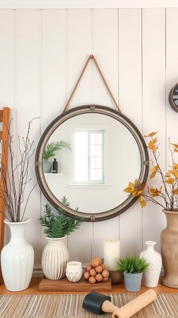 A vintage-inspired round mirror with a leather strap, surrounded by decorative vases and plants.
