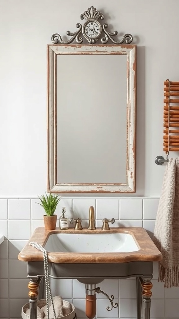 A vintage-inspired mirror with ornate details above a rustic sink in a modern bathroom.