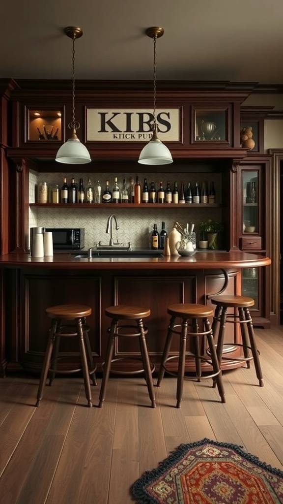A vintage-inspired kitchen bar with wooden cabinetry, bar stools, and soft lighting.
