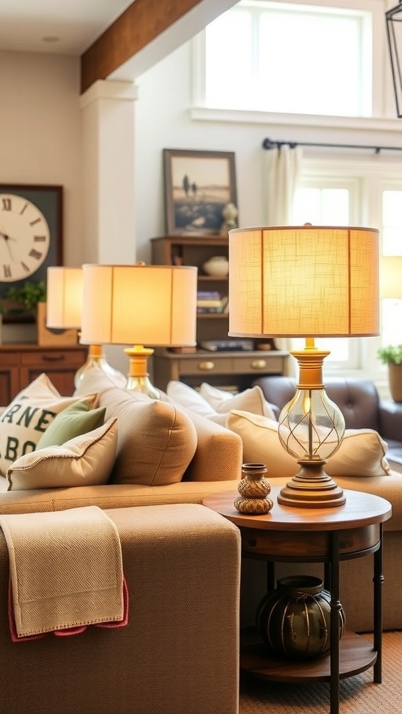 A vintage-inspired table lamp with a glass base and a shade that says 'Mece Me Mes' on a side table in a cozy living room.