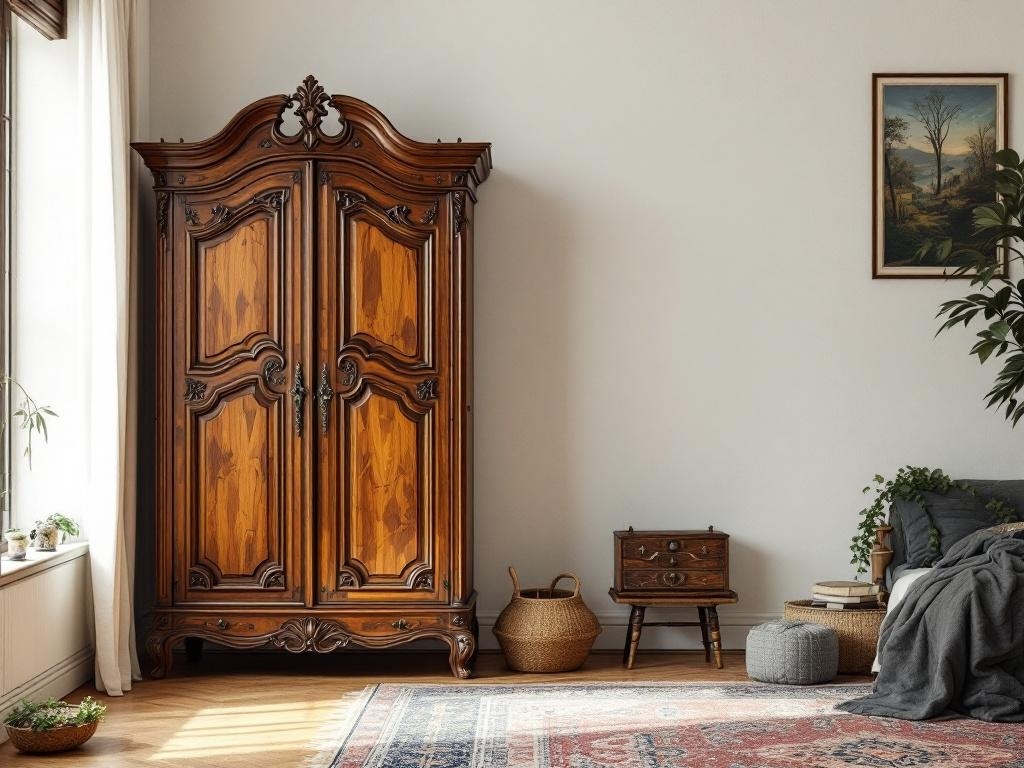 A vintage wooden wardrobe with intricate carvings in a cozy bedroom setting