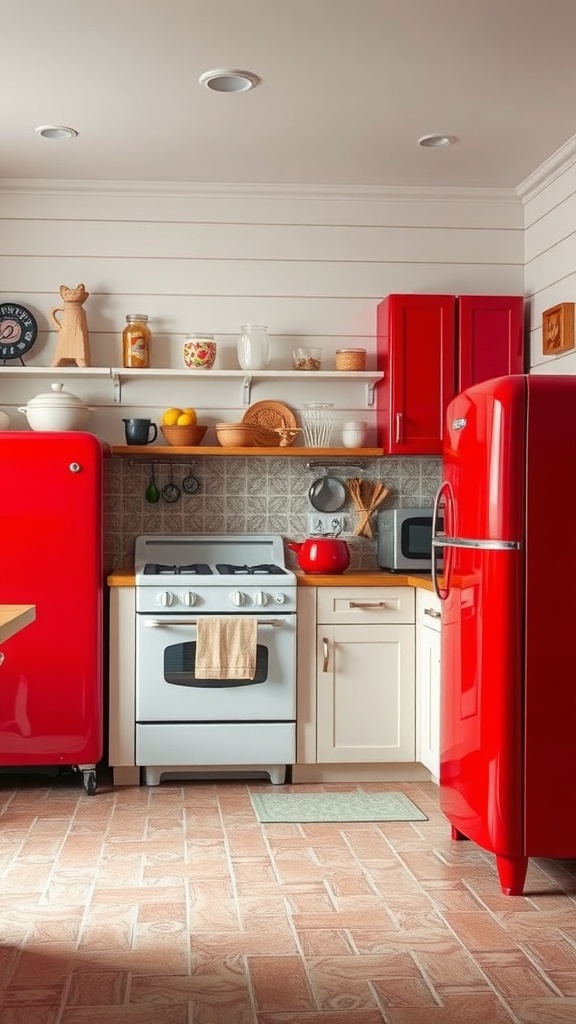 A cozy red farmhouse kitchen featuring vintage-style appliances.