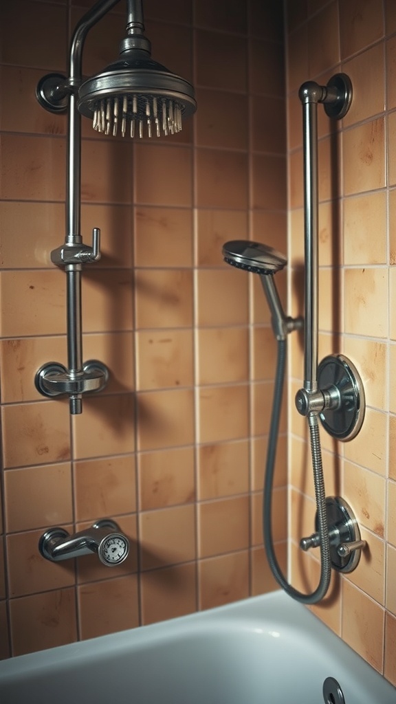 A rustic bathroom shower featuring vintage-style fixtures with a metal showerhead and controls.