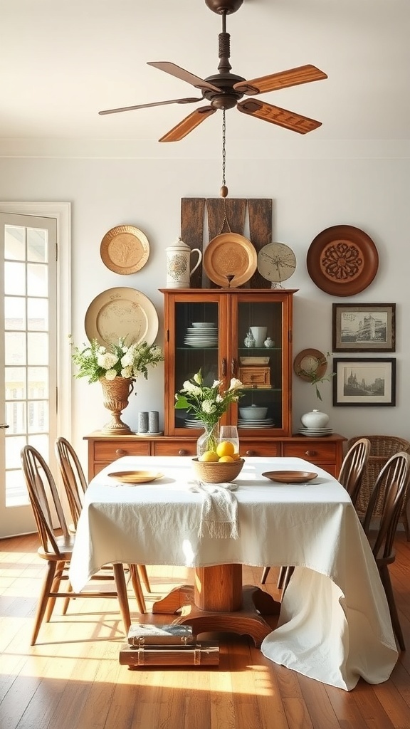A modern farmhouse dining room featuring vintage decor and accents.