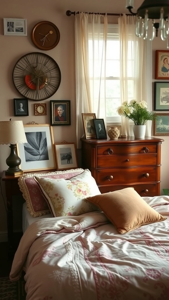 Cozy vintage bedroom with soft bedding, wooden dresser, and framed artwork on the walls.
