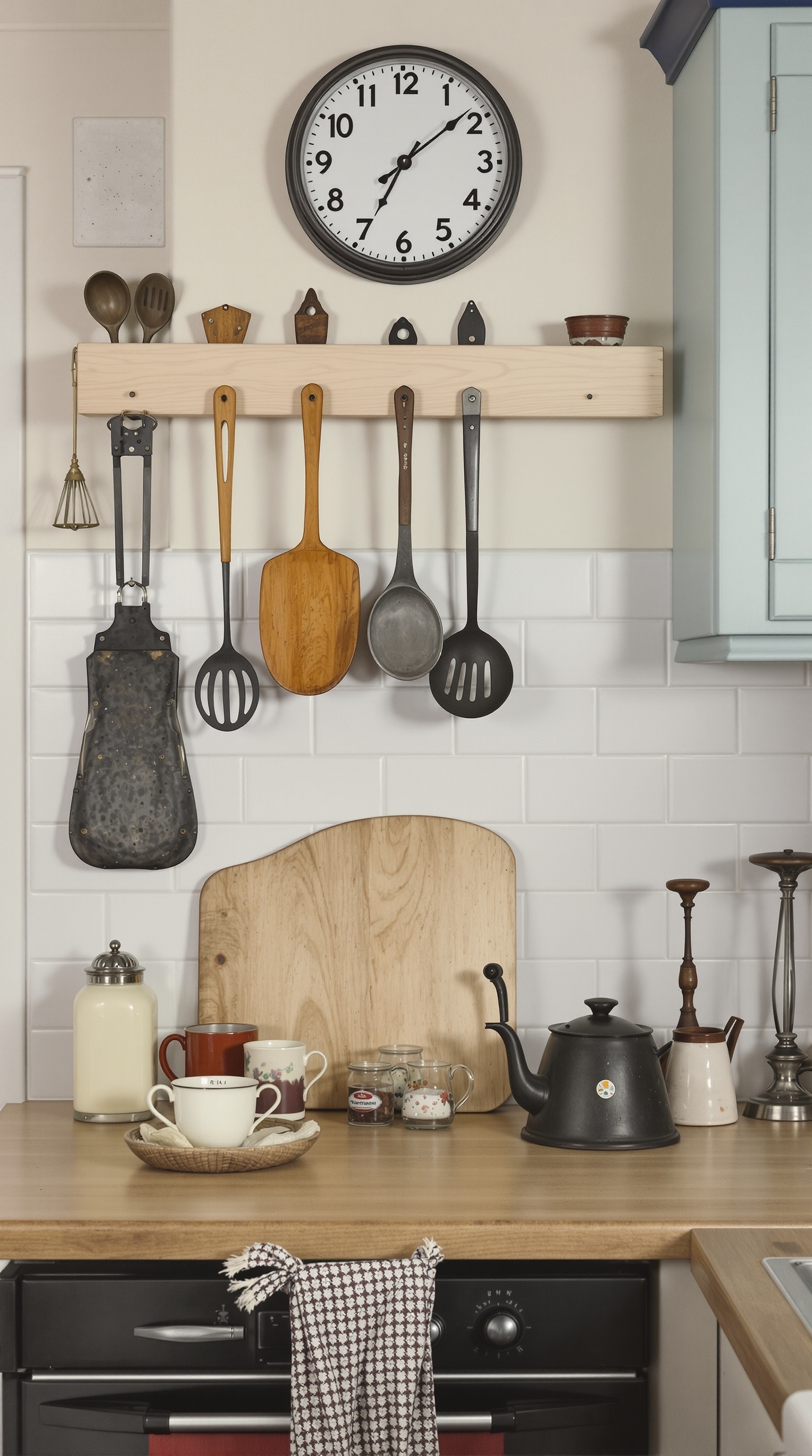 A vintage kitchen with wooden utensils, a classic clock, and rustic decor.