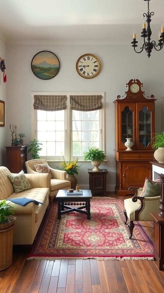 A cozy vintage living room with warm wooden floors, a classic couch, an elegant armchair, a patterned rug, and vintage wall decor.
